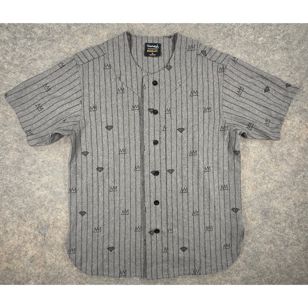 Diamond Supply Co Basquiat Wool Baseball Jersey Grey Pinstripe Crown Mens Medium